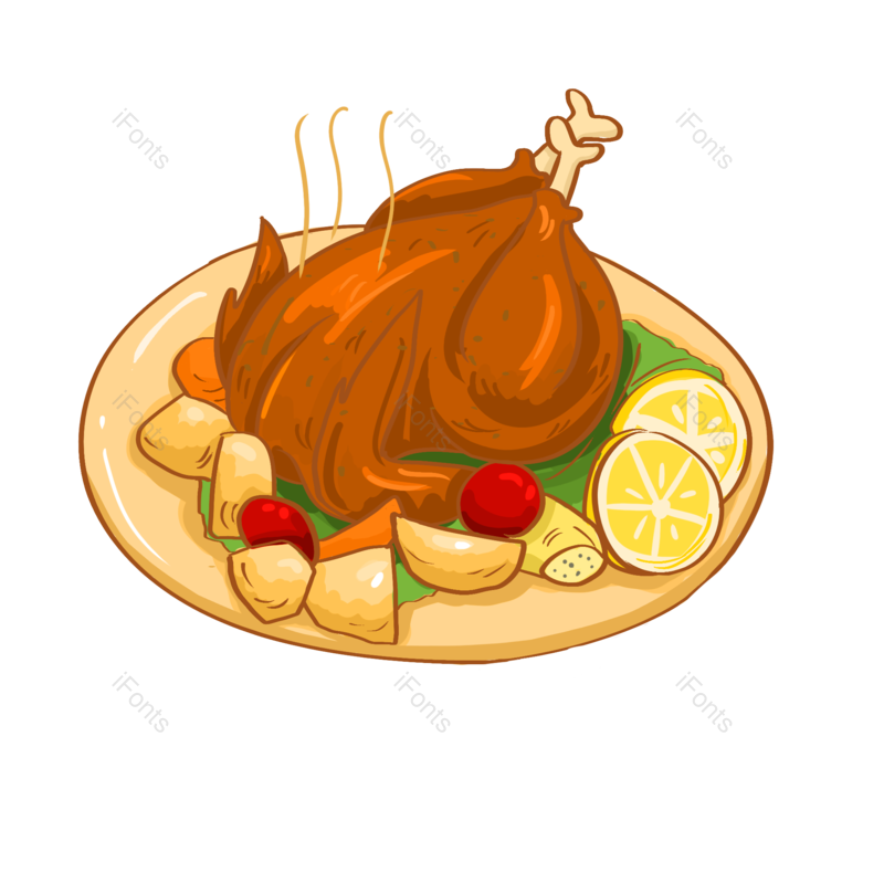 卡通图片,烤鸡元素,盘子PNG,食物免抠素材